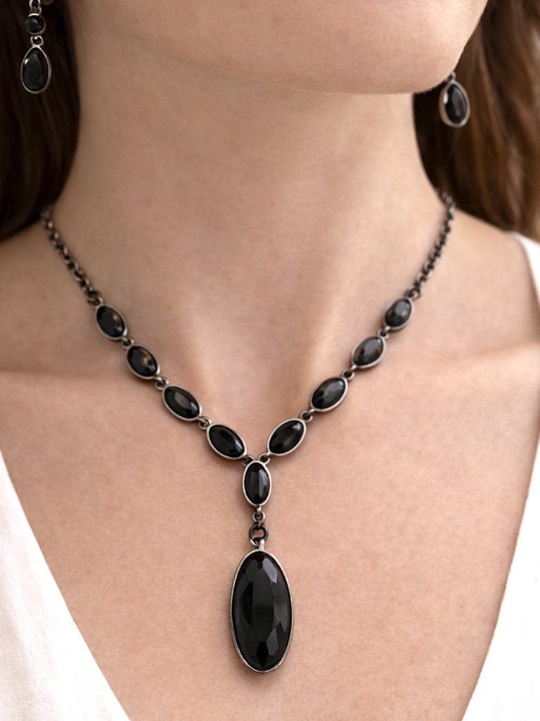 Elegant Black Onyx Style Teardrop Necklace & Matching Dangle Earrings Jewelry